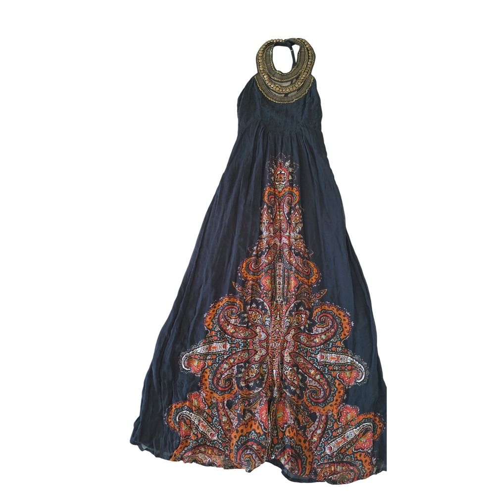Free People Navy Blue Paisley Embellished Halter Maxi Dress Size‎ 2 Boho Star